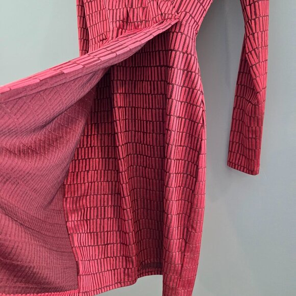 FRENCH CONNECTION FAUZ WRAP DRESS SIZE 6 RED LINEAR JACQUARD LONG SLEEVE - Picture 6 of 10